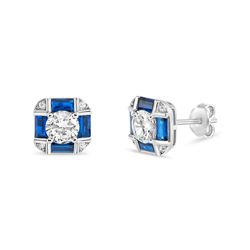 Sapphire-blue CZ Square 'Deco' Sterling Stud Earrings